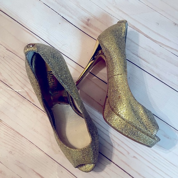 Michael Kors York Evening Platform Open Toe Pumps Heels Gold Glitter - Picture 5 of 8